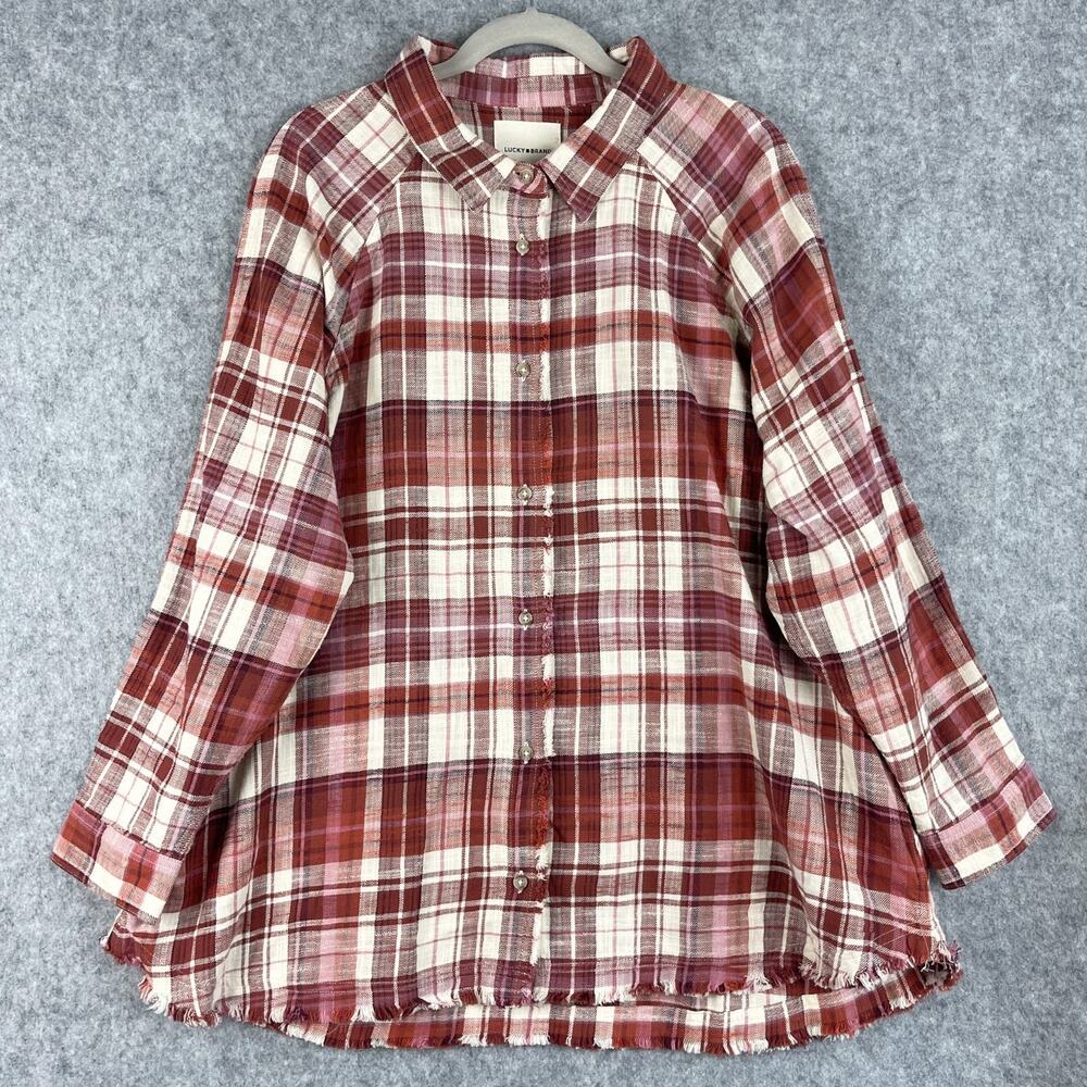 Lucky Brand Tunic Top Womens XXL Red Plaid Button Up Cotton Raw Hem Grunge NWT
